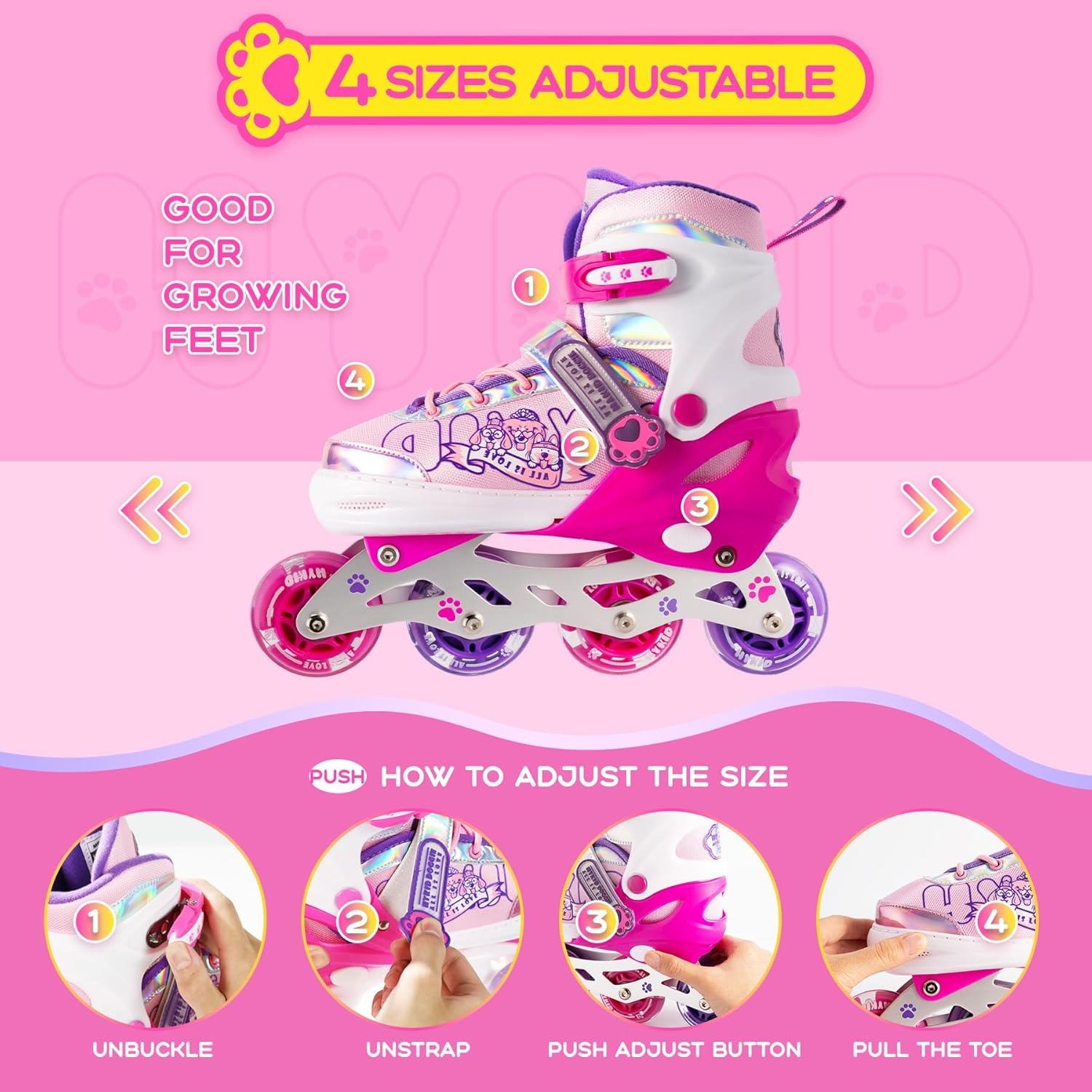 Inline Skates for Girls and Kids, Roller Skates Blades with 4 Size Adjustable Light up Wheels for Kids Girls Beginner Ages 4-8 5-8 6-12 8-12 Indoor Outdoor