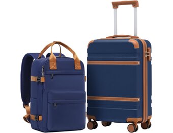 COOLIFE Kabinenkoffer 55x35x20cm voor Ryanair-vliegtuig, handbagage, handbagage, harde koffer met TSA-slot en 4 dubbele wielen, 2 jaar garantie, blauw/bruin, 55 x 35 x 20cm -Set 2tlg