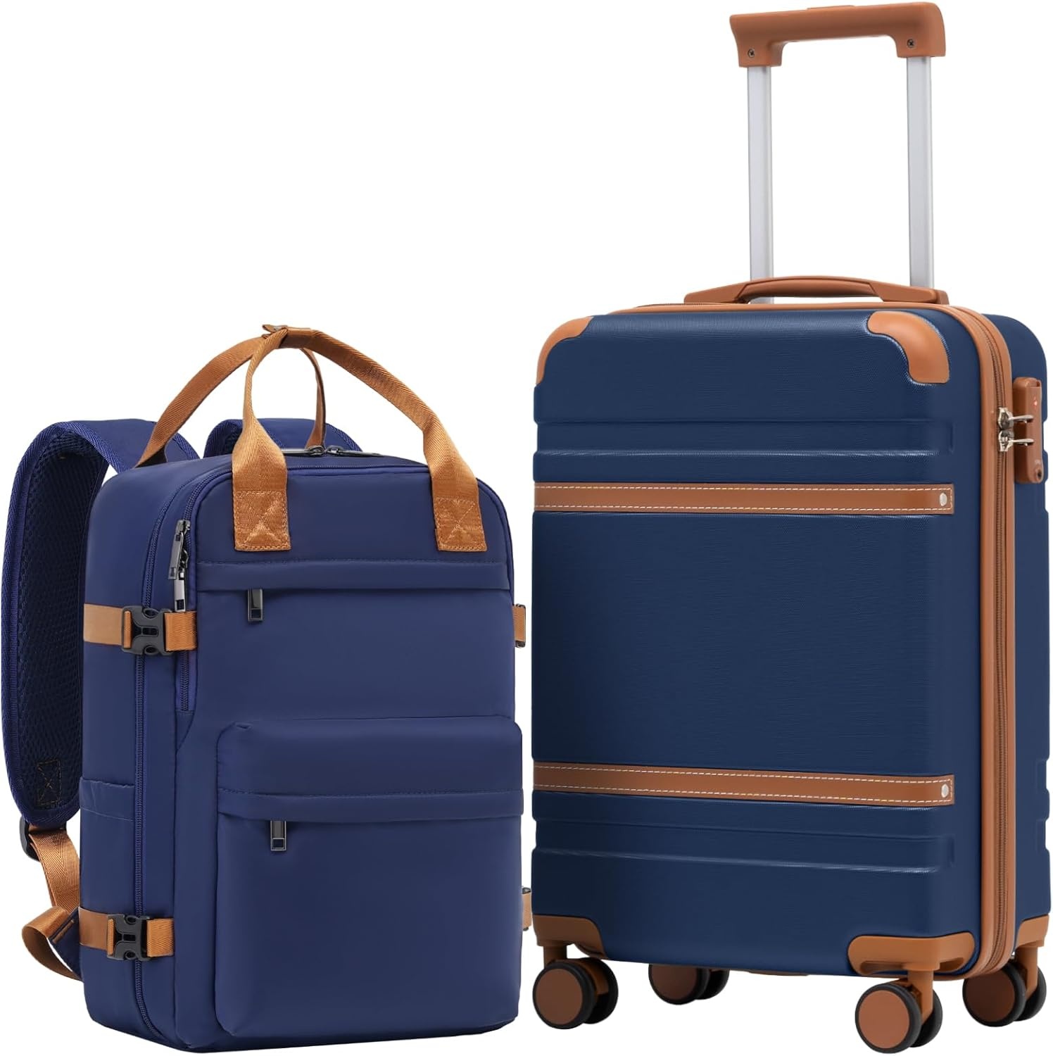 COOLIFE Kabinenkoffer 55x35x20cm voor Ryanair-vliegtuig, handbagage, handbagage, harde koffer met TSA-slot en 4 dubbele wielen, 2 jaar garantie, blauw/bruin, 55 x 35 x 20cm -Set 2tlg