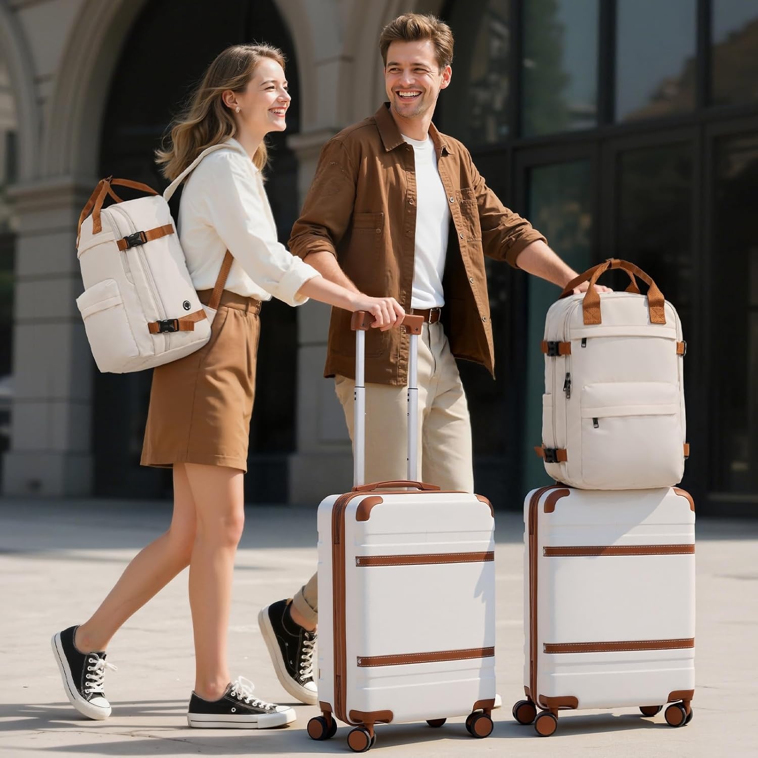 COOLIFE Kabinenkoffer 55x35x20cm voor Ryanair-vliegtuig, handbagage, handbagage, harde koffer met TSA-slot en 4 dubbele wielen, 2 jaar garantie, blauw/bruin, 55 x 35 x 20cm -Set 2tlg