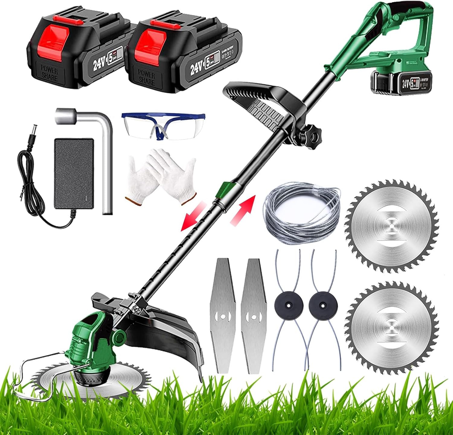 Groen-G Accu-grastrimmer met accu, 24 V accu, bosmaaier met 2 2,0 Ah accu en oplader, 3-in-1 bosmaaier, accu 90 cm-120 cm, telescoop en 90° rotatie accutrimmer voor tuin snoeien, groen
