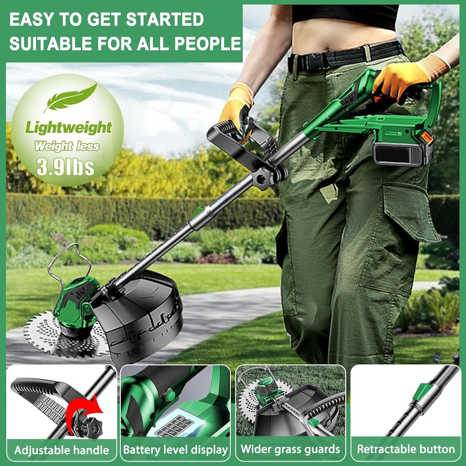 Groen-G Accu-grastrimmer met accu, 24 V accu, bosmaaier met 2 2,0 Ah accu en oplader, 3-in-1 bosmaaier, accu 90 cm-120 cm, telescoop en 90° rotatie accutrimmer voor tuin snoeien, groen