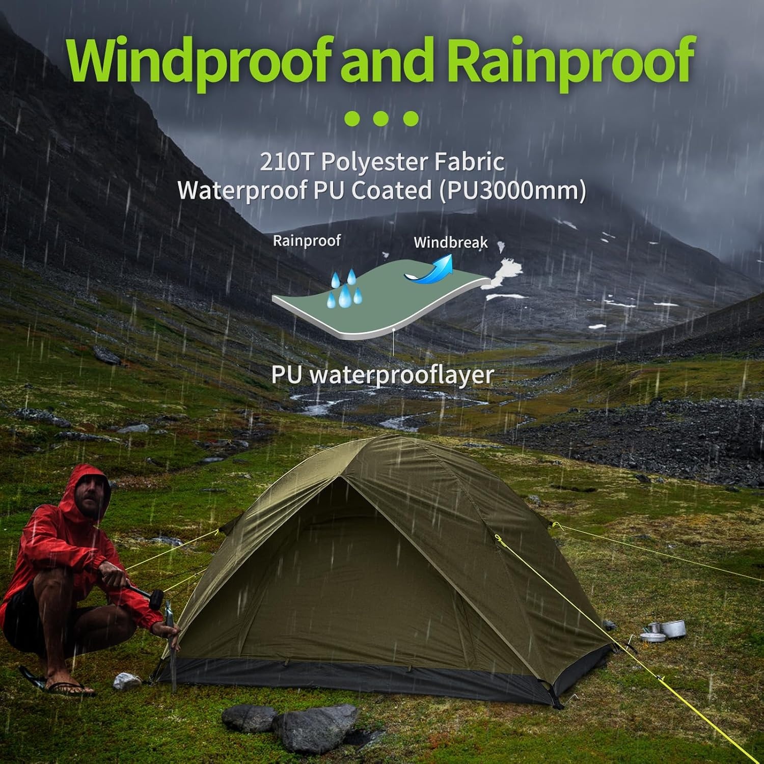 Campingtent, ultralichte tent voor 2-4 personen, waterdichte koepeltent, snelle opbouw, kleine verpakkingsmaat, fietstas, tent voor outdoor, wandelen, gezinnen, camping, festival