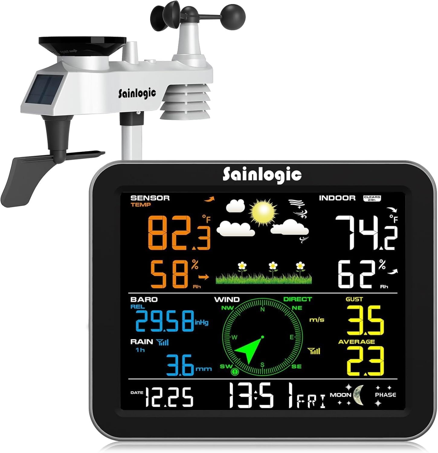 Sainlogic Weerstation draadloos binnen buiten, weerstation met regenmeter en windsnelheid/richting, temperatuur, vochtigheid, luchtdruk, weersvoorspelling, maanfase en alarm