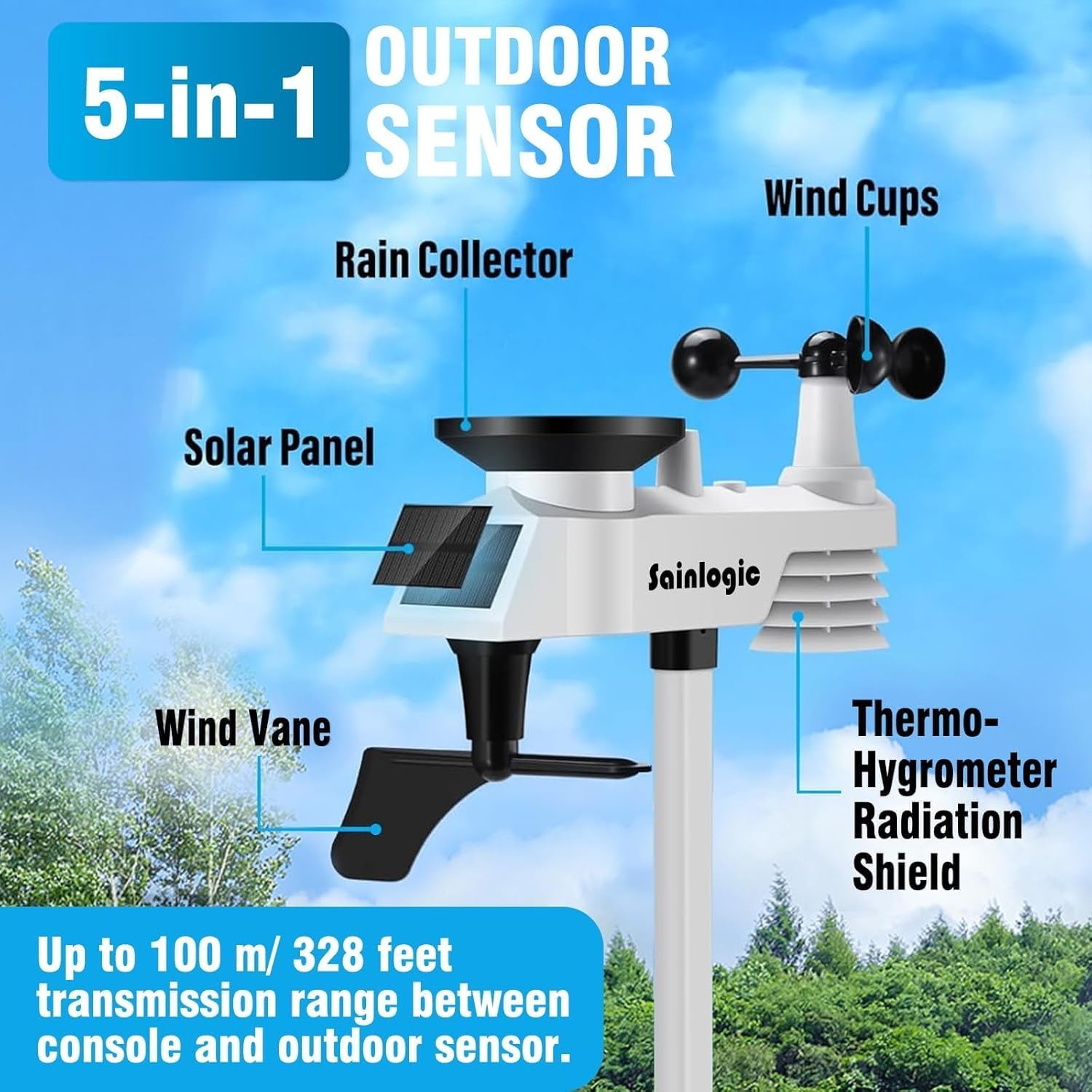 Sainlogic Weerstation draadloos binnen buiten, weerstation met regenmeter en windsnelheid/richting, temperatuur, vochtigheid, luchtdruk, weersvoorspelling, maanfase en alarm