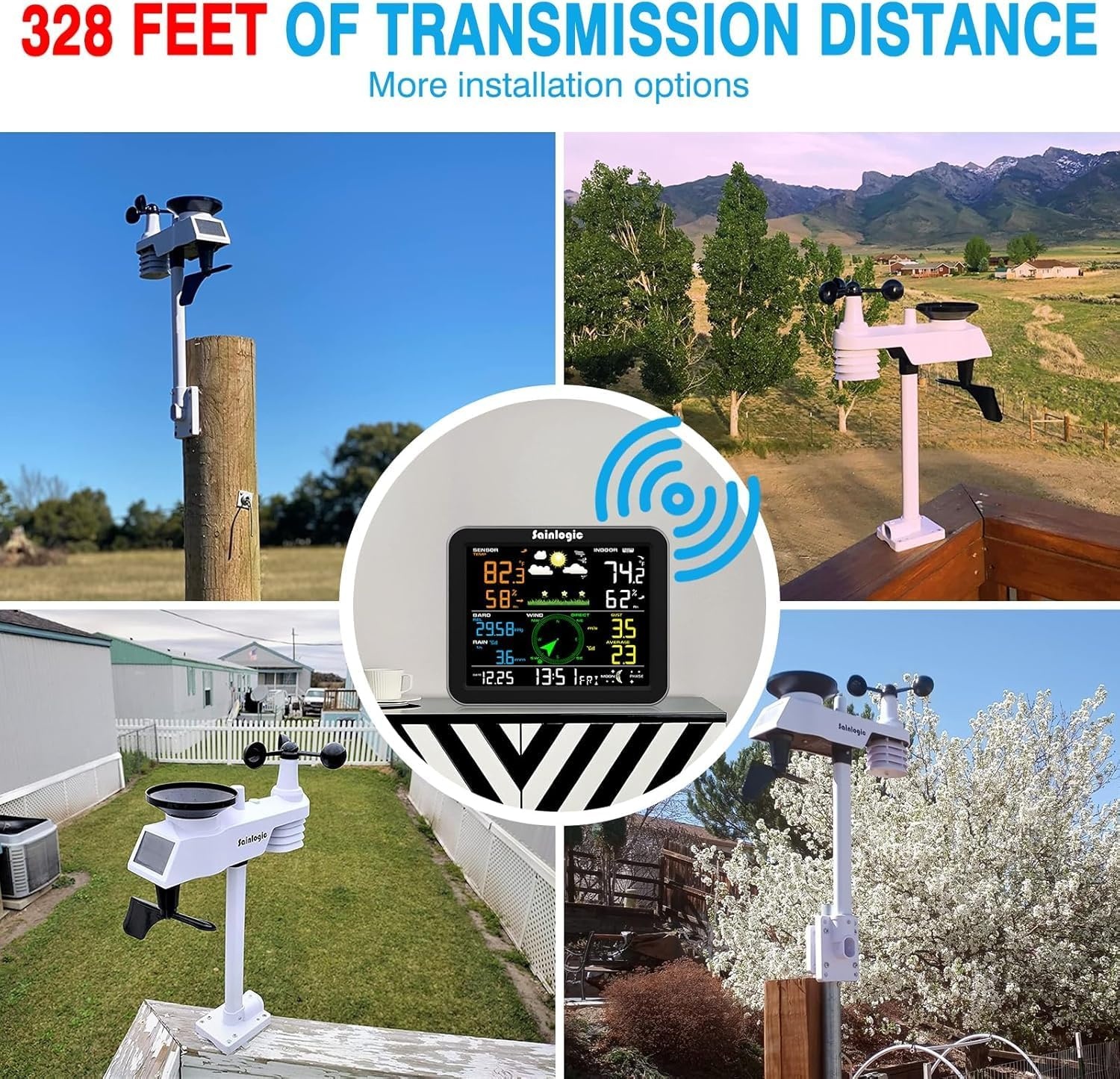 Sainlogic Weerstation draadloos binnen buiten, weerstation met regenmeter en windsnelheid/richting, temperatuur, vochtigheid, luchtdruk, weersvoorspelling, maanfase en alarm