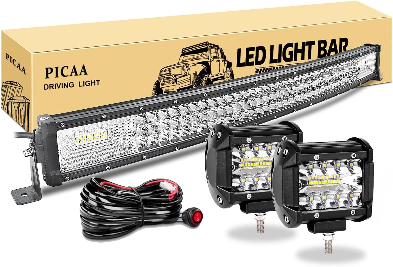 PICAA Led Lichtbalk offroad 12V 24V, 32inch 78.5cm 405W 7D gebogen drie rijen Led lichtstrip, met 2X 4in led-werklamp, voor SUV, terreinwagens, UTV, tractor, 4 x 4, auto