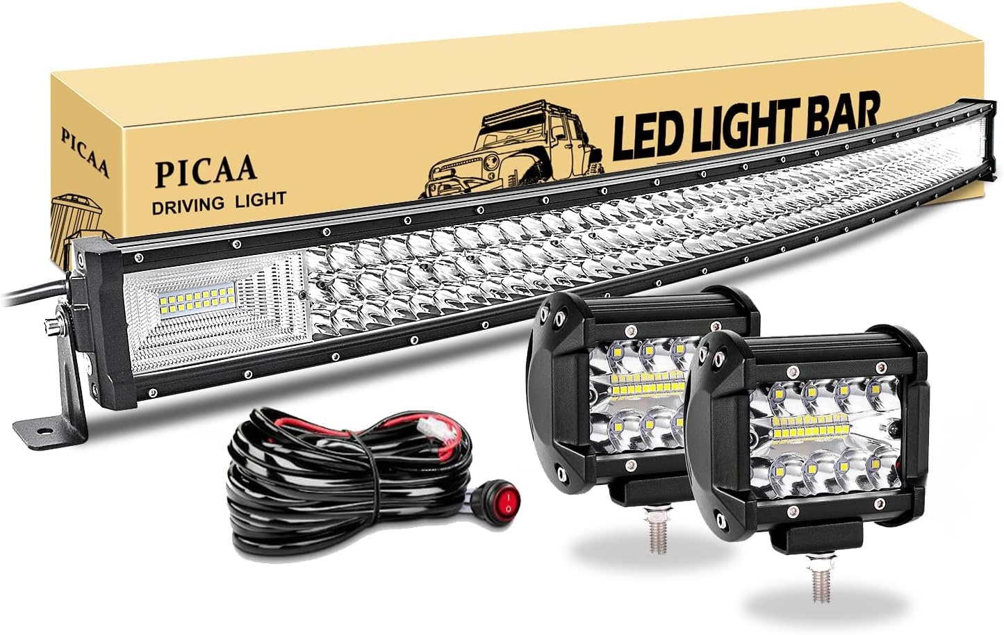 PICAA Led Lichtbalk offroad 12V 24V, 32inch 78.5cm 405W 7D gebogen drie rijen Led lichtstrip, met 2X 4in led-werklamp, voor SUV, terreinwagens, UTV, tractor, 4 x 4, auto