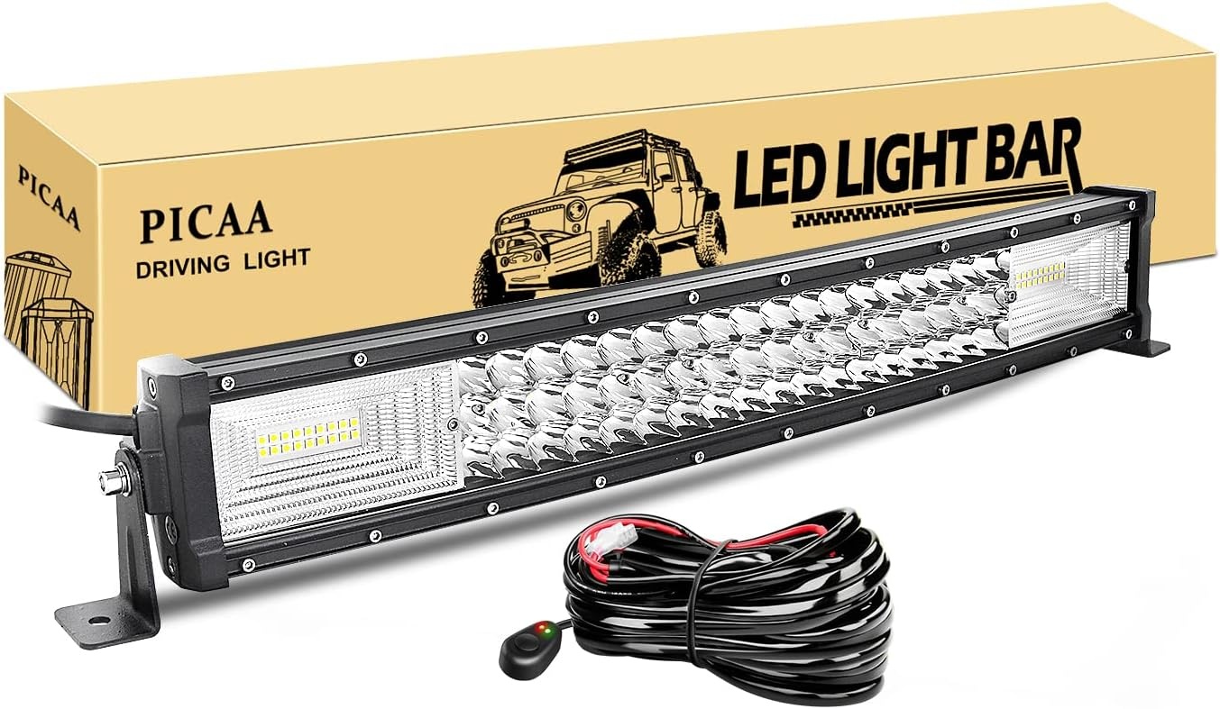 PICAA Led Lichtbalk offroad 12V 24V, 32inch 78.5cm 405W 7D gebogen drie rijen Led lichtstrip, met 2X 4in led-werklamp, voor SUV, terreinwagens, UTV, tractor, 4 x 4, auto