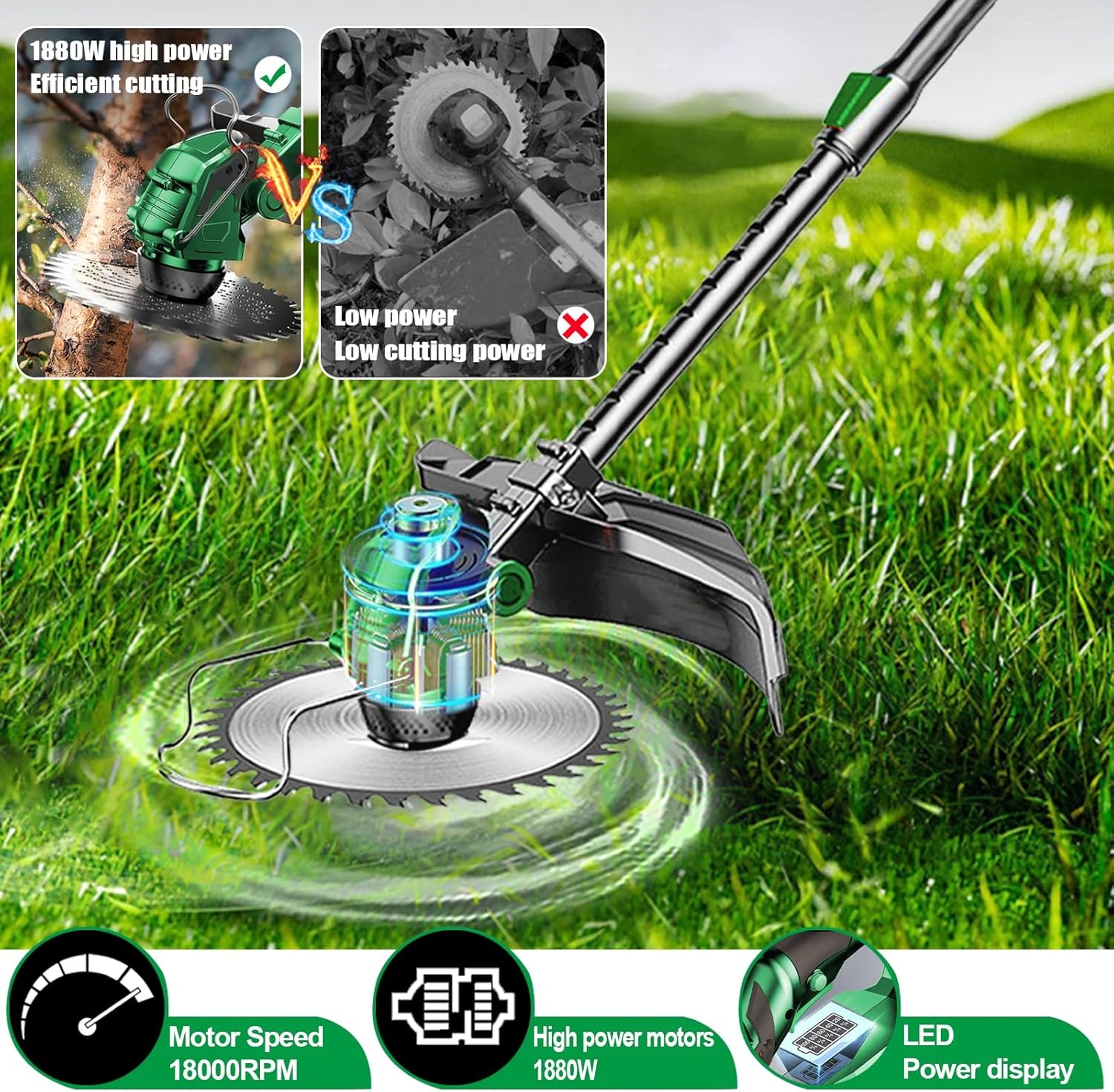 Groen-G Accu-grastrimmer met accu, 24 V accu, bosmaaier met 2 2,0 Ah accu en oplader, 3-in-1 bosmaaier, accu 90 cm-120 cm, telescoop en 90° rotatie accutrimmer voor tuin snoeien, groen