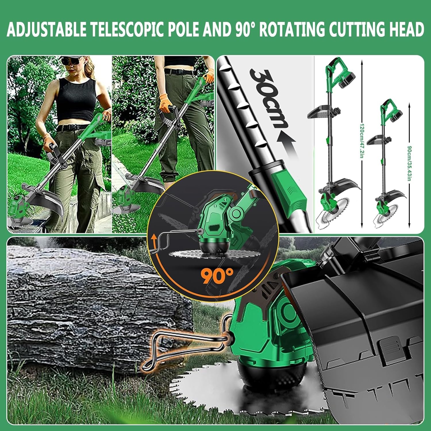 Groen-G Accu-grastrimmer met accu, 24 V accu, bosmaaier met 2 2,0 Ah accu en oplader, 3-in-1 bosmaaier, accu 90 cm-120 cm, telescoop en 90° rotatie accutrimmer voor tuin snoeien, groen