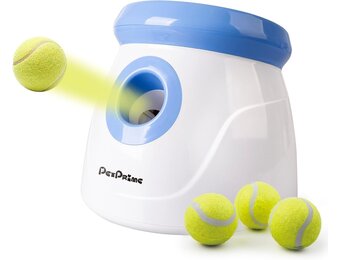 Pet Prime Automatic Ball Thrower, Dog Ball, Interactive Ball Throwing Machine, 3 Tennis Balls Included, for Small Dogs, Mini Style (White)
