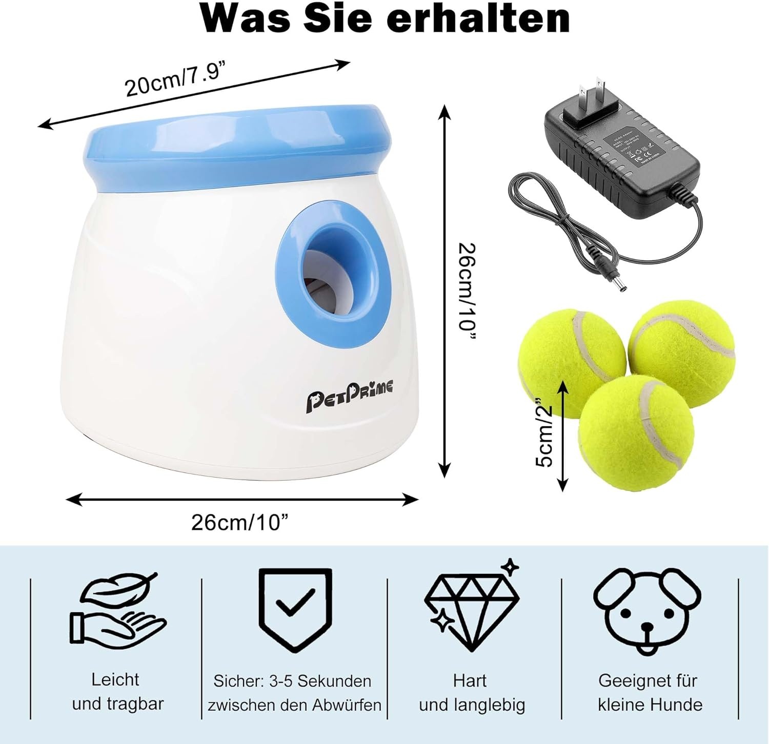 Pet Prime Automatic Ball Thrower, Dog Ball, Interactive Ball Throwing Machine, 3 Tennis Balls Included, for Small Dogs, Mini Style (White)