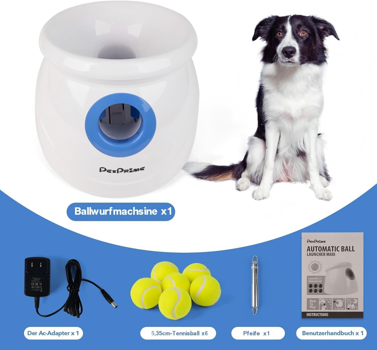 Pet Prime Automatic Ball Launcher for Large Dogs, with 6 Tennis Balls (2.5 Inch) Dog Ball Thrower Machine for Indoor Outdoor Interactive Throwing Game Launch Distance 10-40 ft for Large Breed Dog