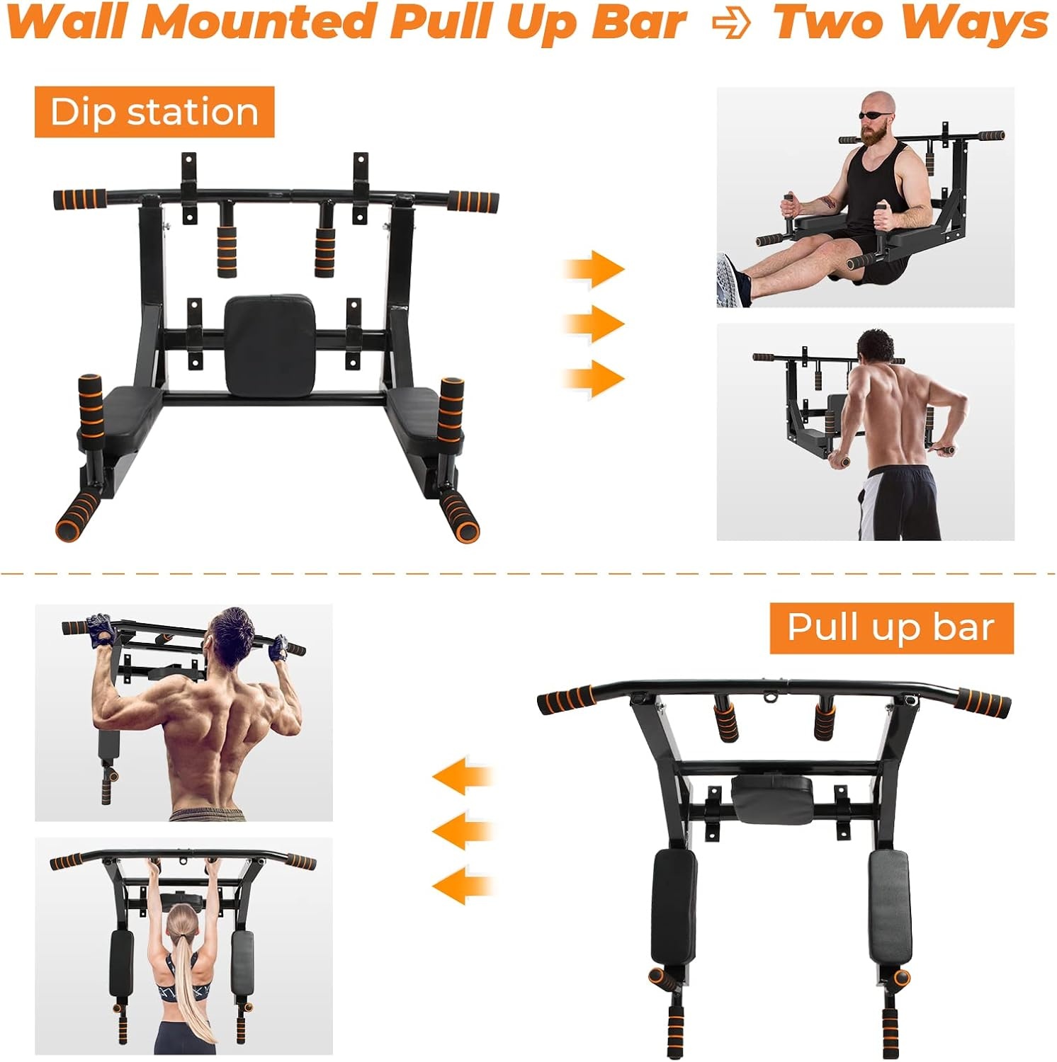 Leogreen Pull-Up Bar Wall Mounted, Pull Up Bar, Training Holder with Multifunctions, 8 Non-Slip Handles, Heavy Duty Training Weight up to 200 kg, 95 x 73 x 47 cm