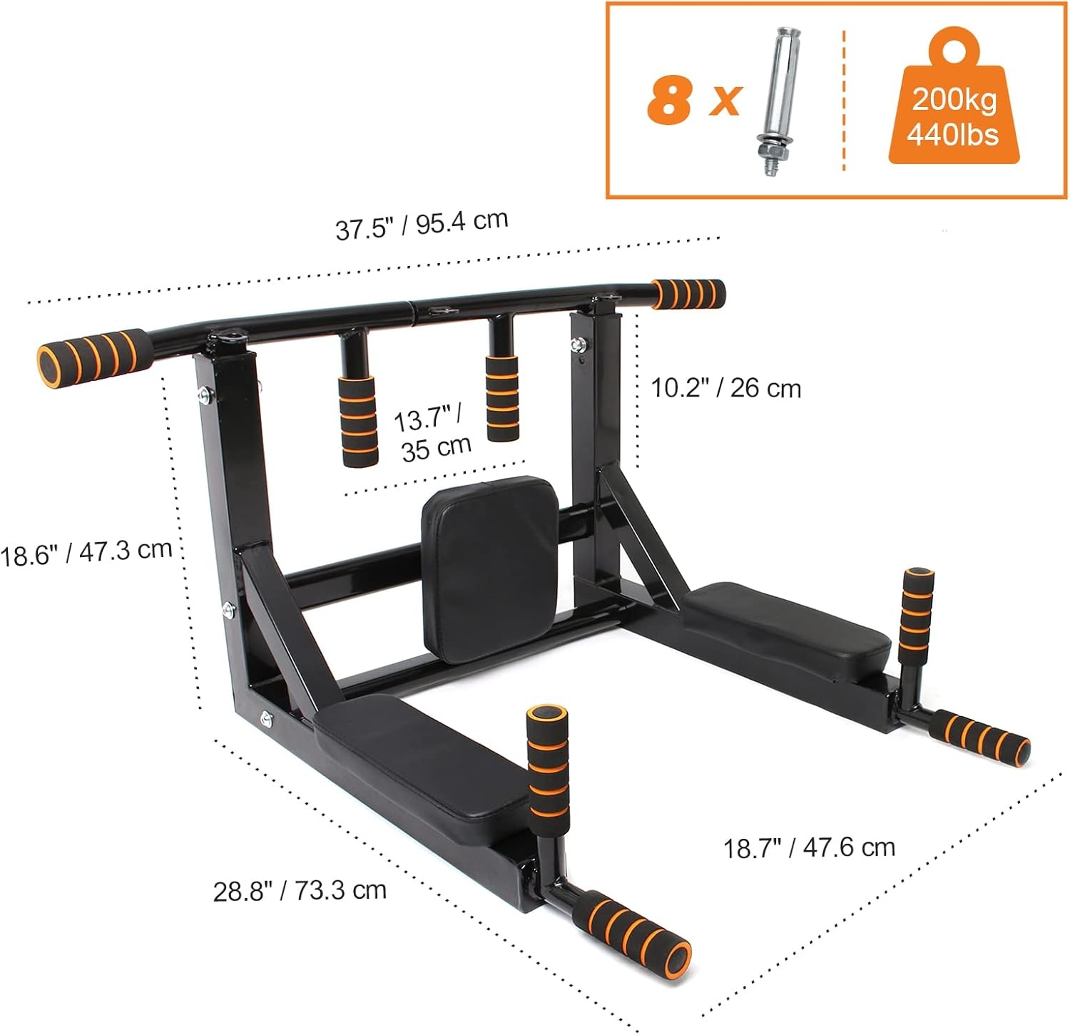 Leogreen Pull-Up Bar Wall Mounted, Pull Up Bar, Training Holder with Multifunctions, 8 Non-Slip Handles, Heavy Duty Training Weight up to 200 kg, 95 x 73 x 47 cm