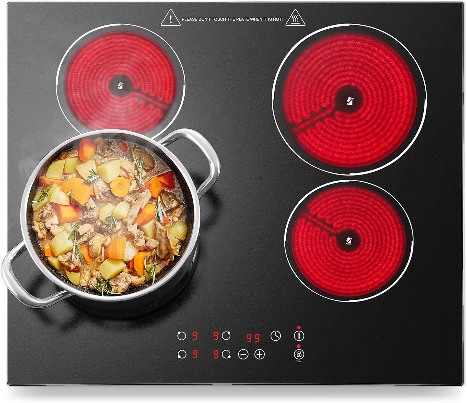 Keramische kookplaat 60cm, inbouw 4-zone elektrische keramische kookplaat, 6000W, aanraakbediening, 9 vermogensstanden, timer 1-99 min, kinderslot, voor alle potten en pannen