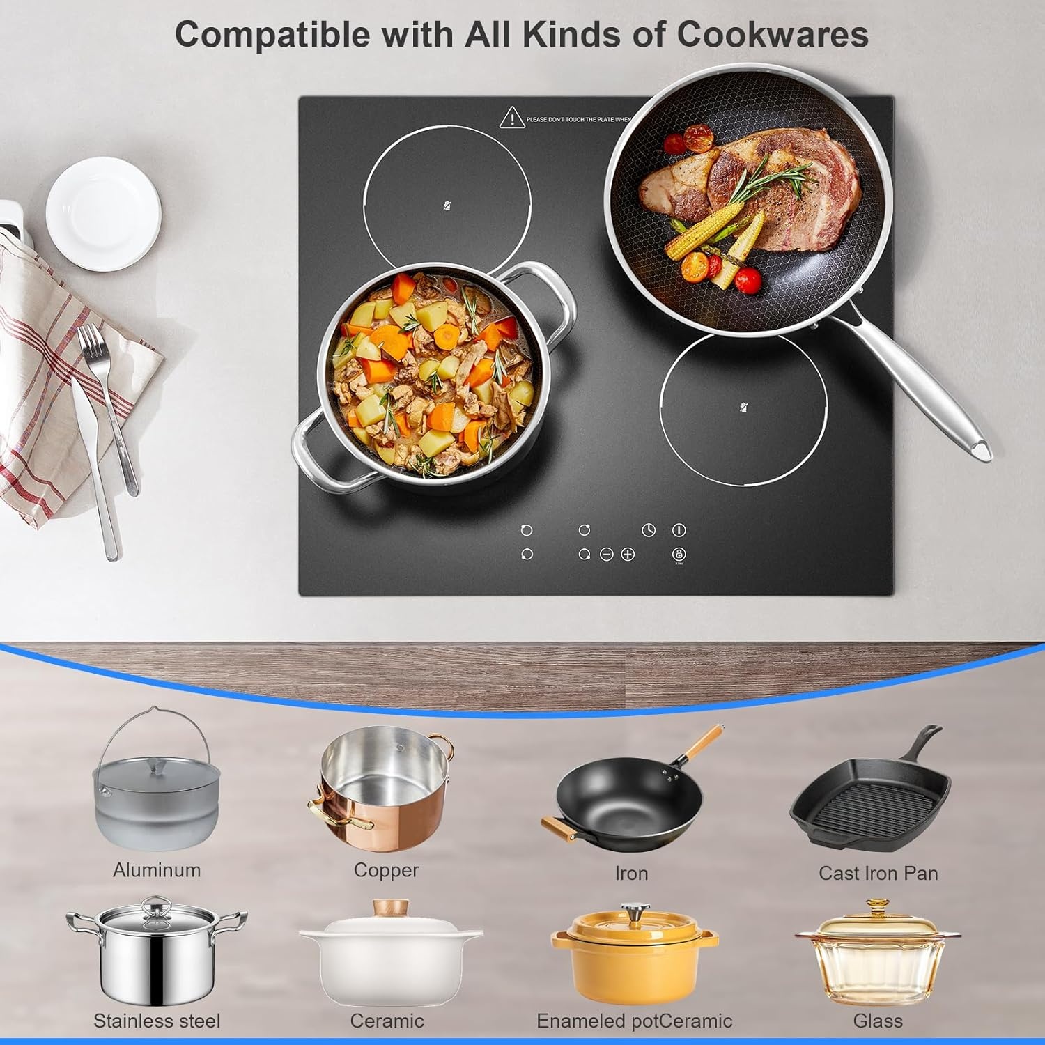 Keramische kookplaat 60cm, inbouw 4-zone elektrische keramische kookplaat, 6000W, aanraakbediening, 9 vermogensstanden, timer 1-99 min, kinderslot, voor alle potten en pannen