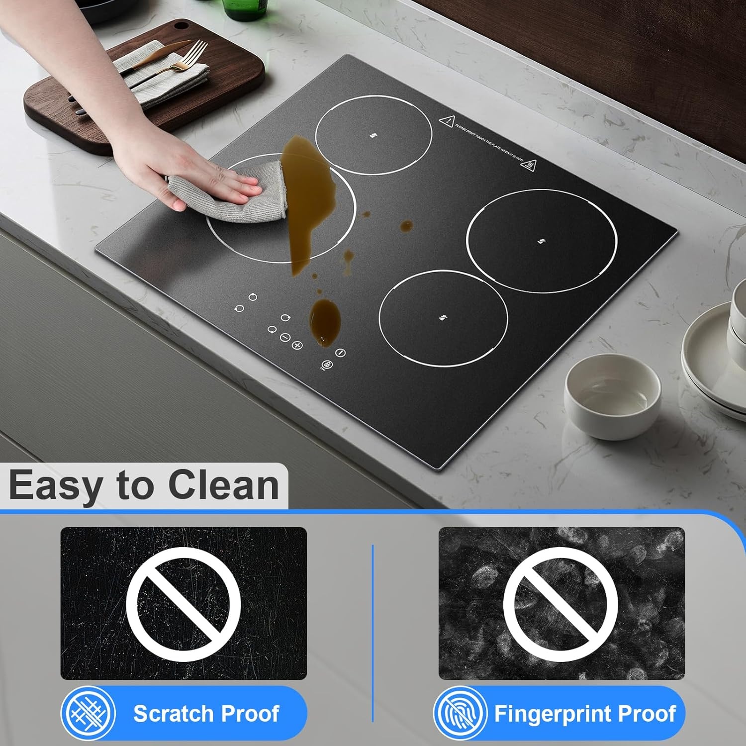 Keramische kookplaat 60cm, inbouw 4-zone elektrische keramische kookplaat, 6000W, aanraakbediening, 9 vermogensstanden, timer 1-99 min, kinderslot, voor alle potten en pannen