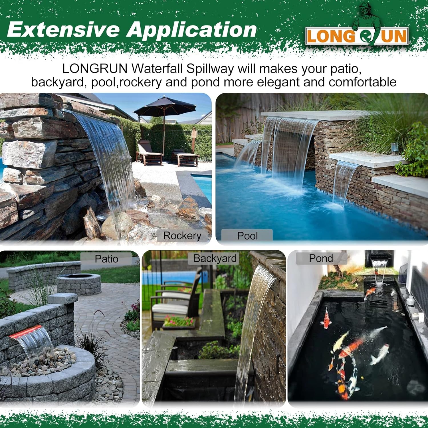 LONGRUN Swimming Pool Waterfall Fountain, 90cm Pond Waterfalls Cascade, Acrylic Waterfall Sheet with 7 Colors LED Light, Complete Waterfall and Power Kits for Outdoor Garden Pond Pool Water Features