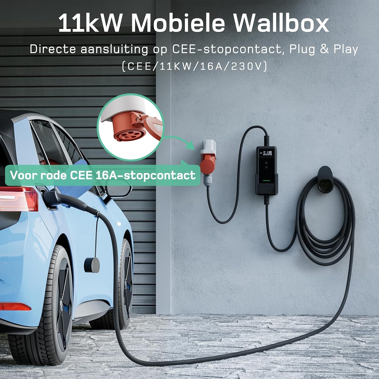 dé EV Oplader CEE 11kW [6m, 3-Fase, 6-16A] Wallbox 11kW met Type 2 Laadkabel en Digitaal LCD Bediening voor ID.3/4/5, Model 3/Y, EX30, IX1, Q3/4/5 en Andere EV & PHEV