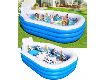 Opblaasbaar zwembad voor volwassenen en kinderen, groot, versterkt, opblaasbaar, rechthoekig, voor tuin met zitting en rugleuning, opblaasbare buitenzwembaden, 320 x 190 x 64 cm