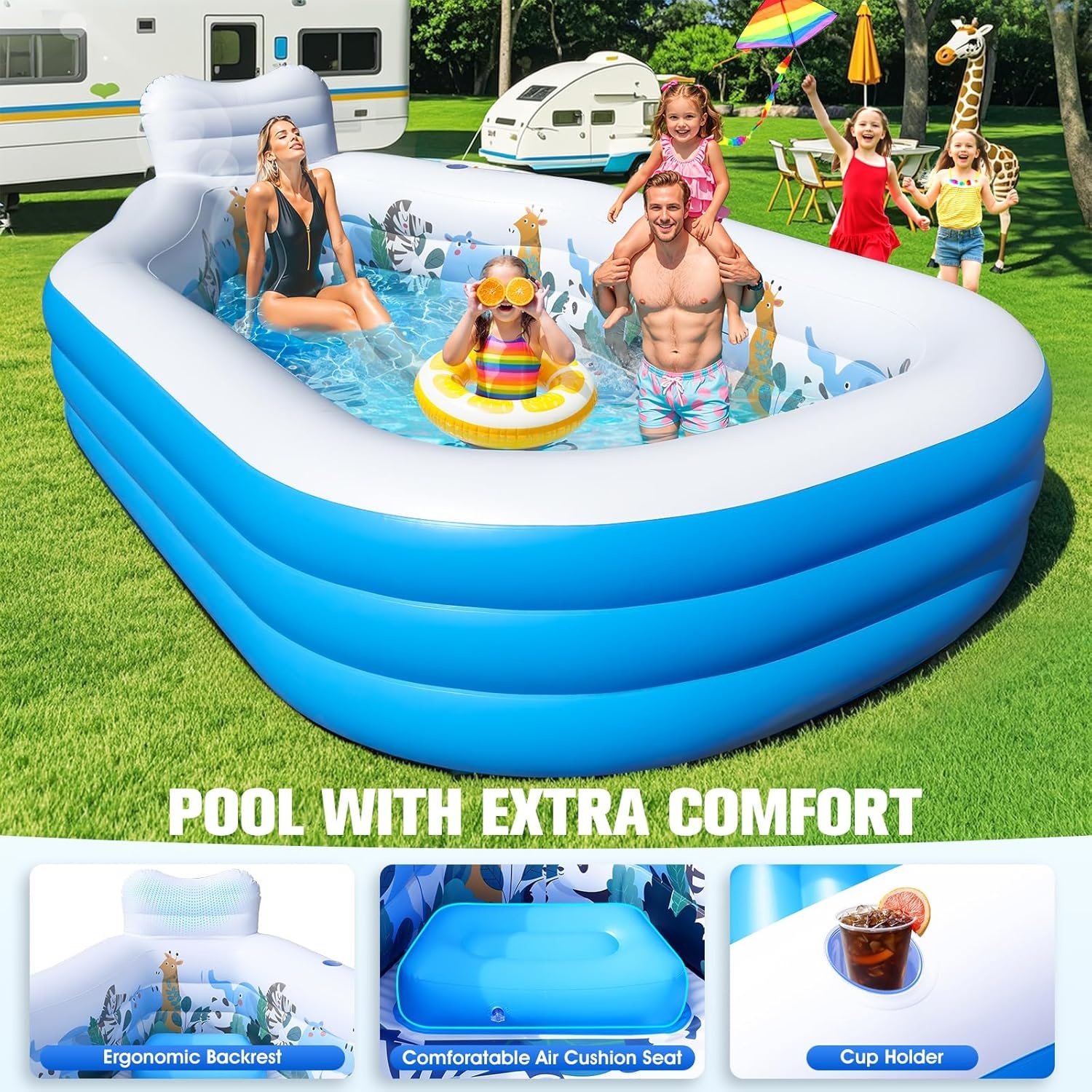 Opblaasbaar zwembad voor volwassenen en kinderen, groot, versterkt, opblaasbaar, rechthoekig, voor tuin met zitting en rugleuning, opblaasbare buitenzwembaden, 320 x 190 x 64 cm