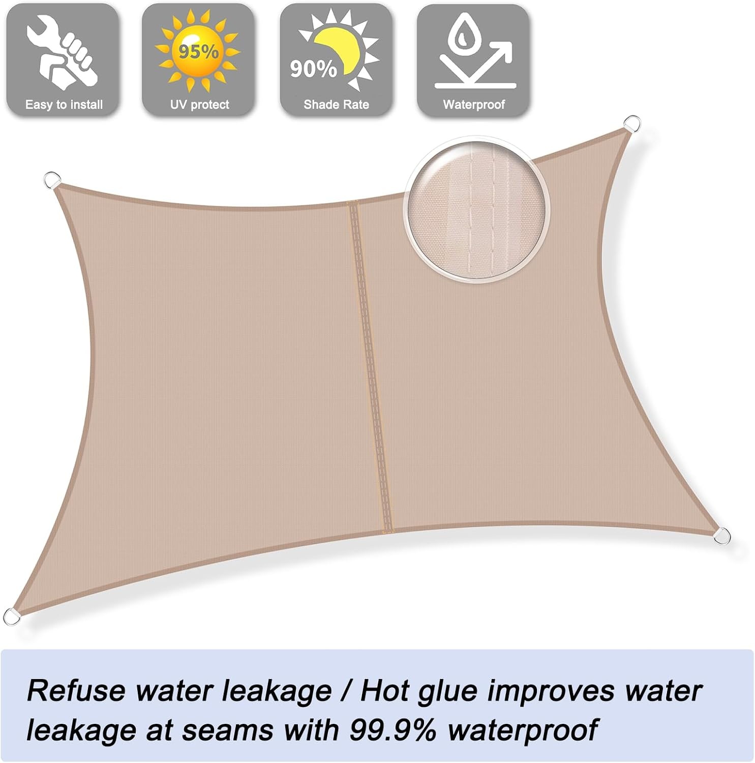 Sunnylaxx Square Awning, 5 x 5 m, Awning, Sun Shade Sail, 156% Sun Shade for Outdoor, Garden, Patio, Swimming Pool