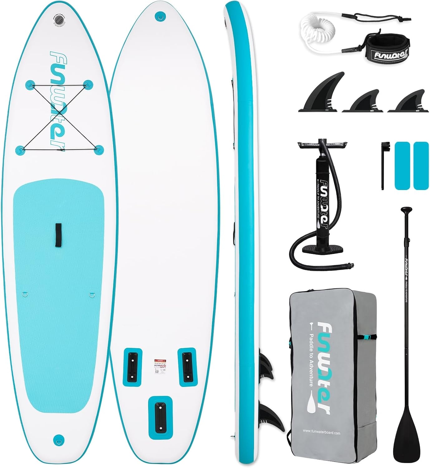 FunWater Opblaasbaar stand-up paddleboard, SUP-board, 320 cm, peddel, rugzak, 3 vinnen, pomp, lijn, SUP-board voor beginners en gevorderden
