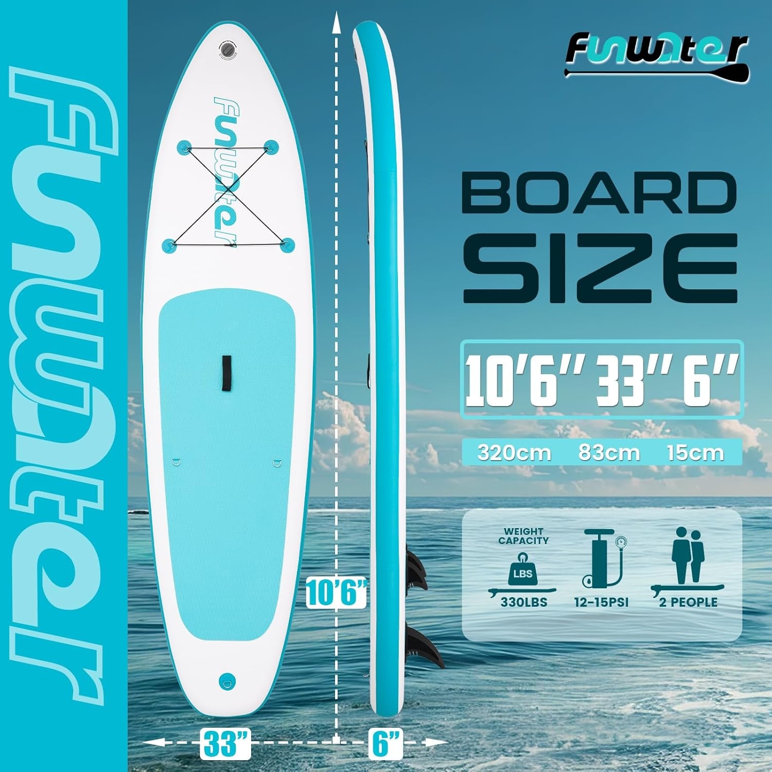 FunWater Opblaasbaar stand-up paddleboard, SUP-board, 320 cm, peddel, rugzak, 3 vinnen, pomp, lijn, SUP-board voor beginners en gevorderden