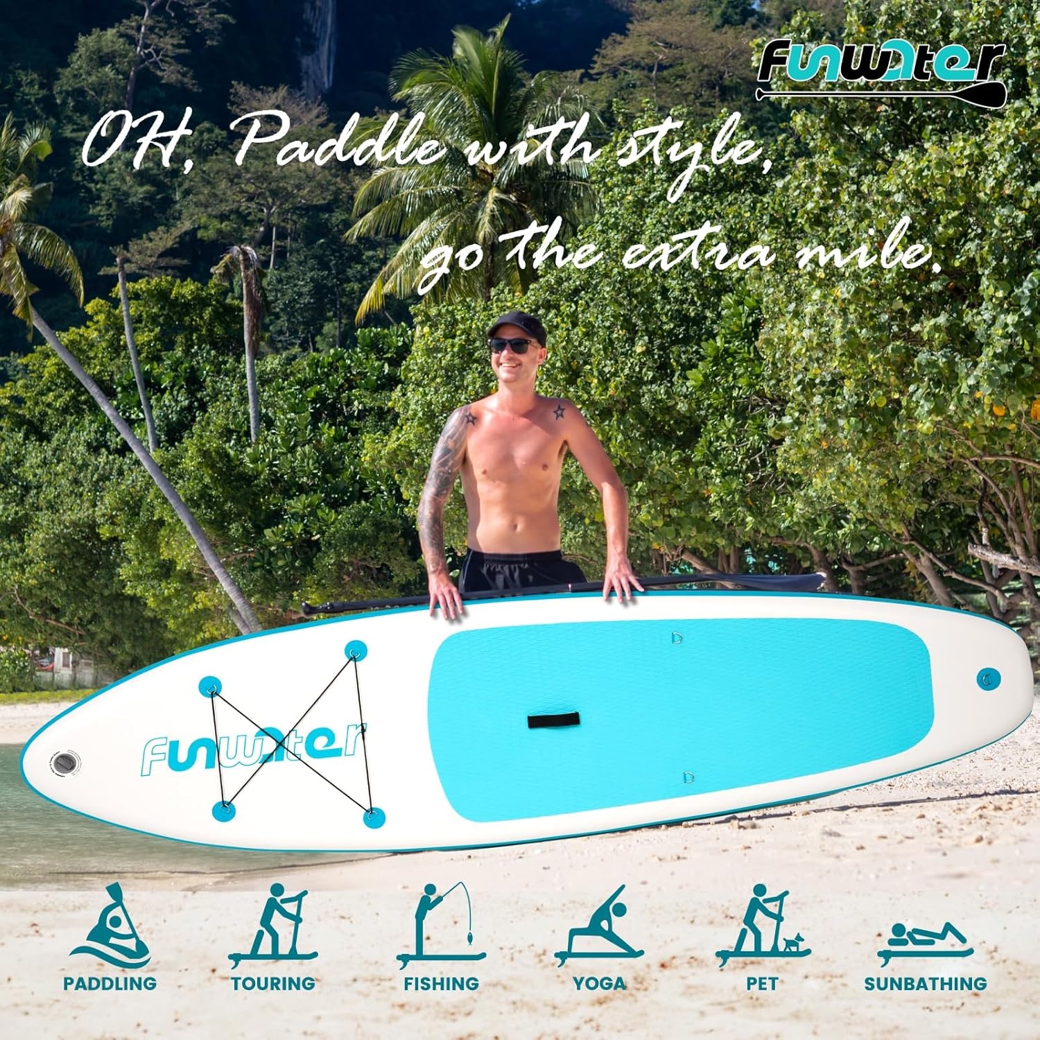 FunWater Opblaasbaar stand-up paddleboard, SUP-board, 320 cm, peddel, rugzak, 3 vinnen, pomp, lijn, SUP-board voor beginners en gevorderden