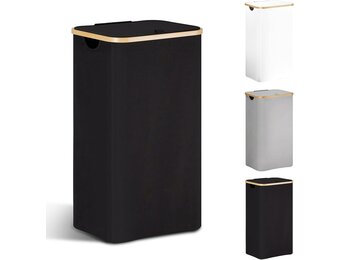 YOUDENOVA Wasmand met deksel, 85 liter, wasverzamelaar, smal, met waszak, opvouwbare wasmand, hout, bamboe, wasmand, hoge wasmand, zwart