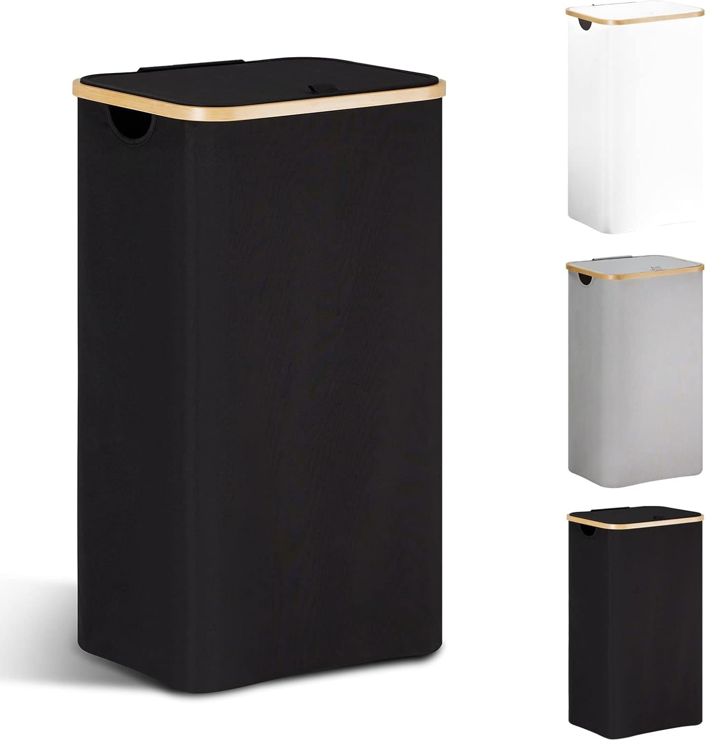 YOUDENOVA Wasmand met deksel, 85 liter, wasverzamelaar, smal, met waszak, opvouwbare wasmand, hout, bamboe, wasmand, hoge wasmand, zwart