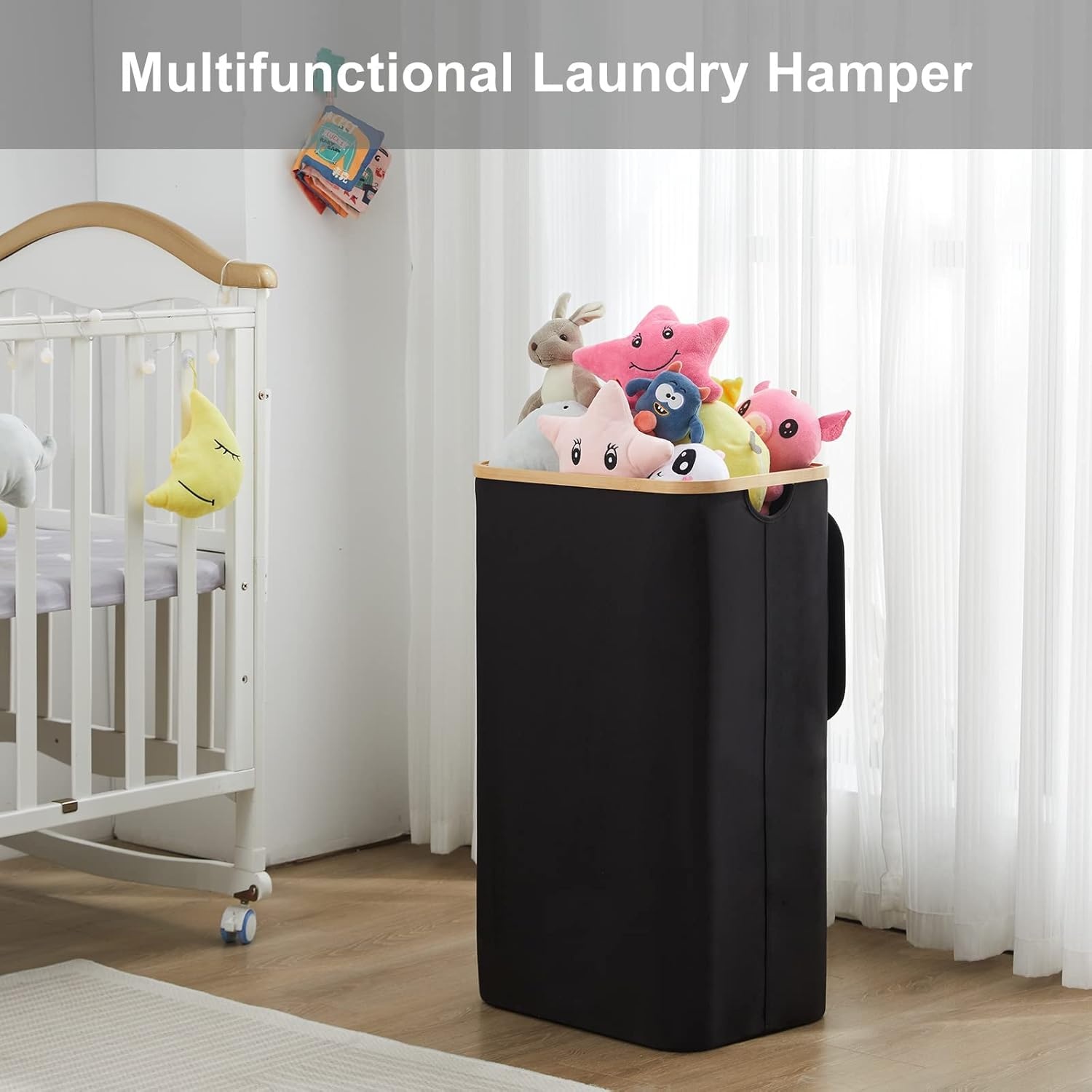 YOUDENOVA Wasmand met deksel, 85 liter, wasverzamelaar, smal, met waszak, opvouwbare wasmand, hout, bamboe, wasmand, hoge wasmand, zwart