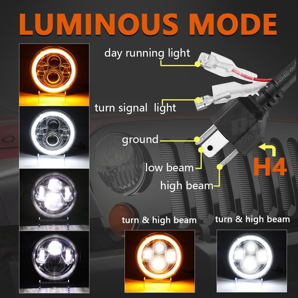 YUGUANG Paar 7 inch werklamp 100W 10.000lm 4 lenzen Angel Eyes 3000K + 6000K 4 verlichtingsmodi rond zwart LED off-road dimlicht DRL HI LO Beam voor Wrangler JK TJ LJ CJ Hummber H1 H2