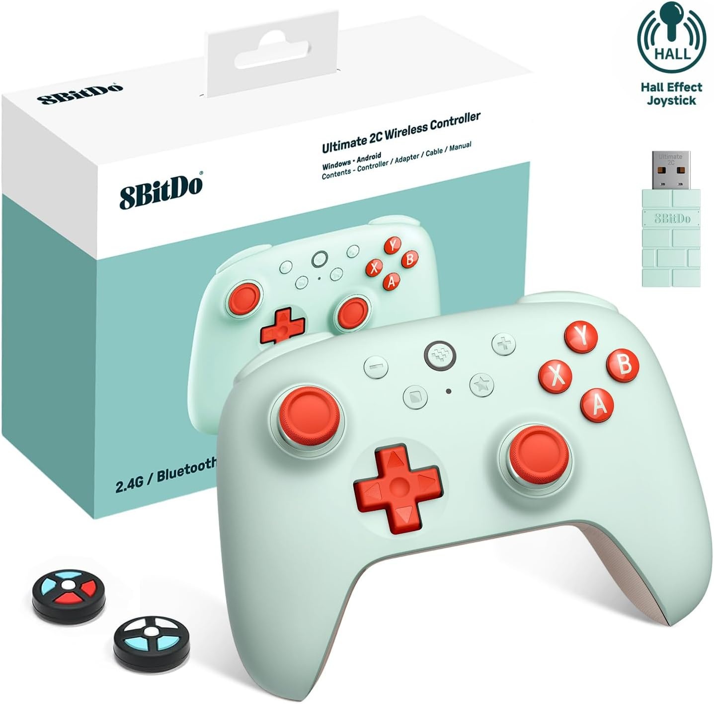 8Bitdo Ultimate 2C Draadloze Controller voor Windows PC en Android, 1000Hz Polling Rate, Hall Effect Joysticks en Hall Triggers, Herinstelbare L4/R4 Bumpers, Turbofunctie (Mint)