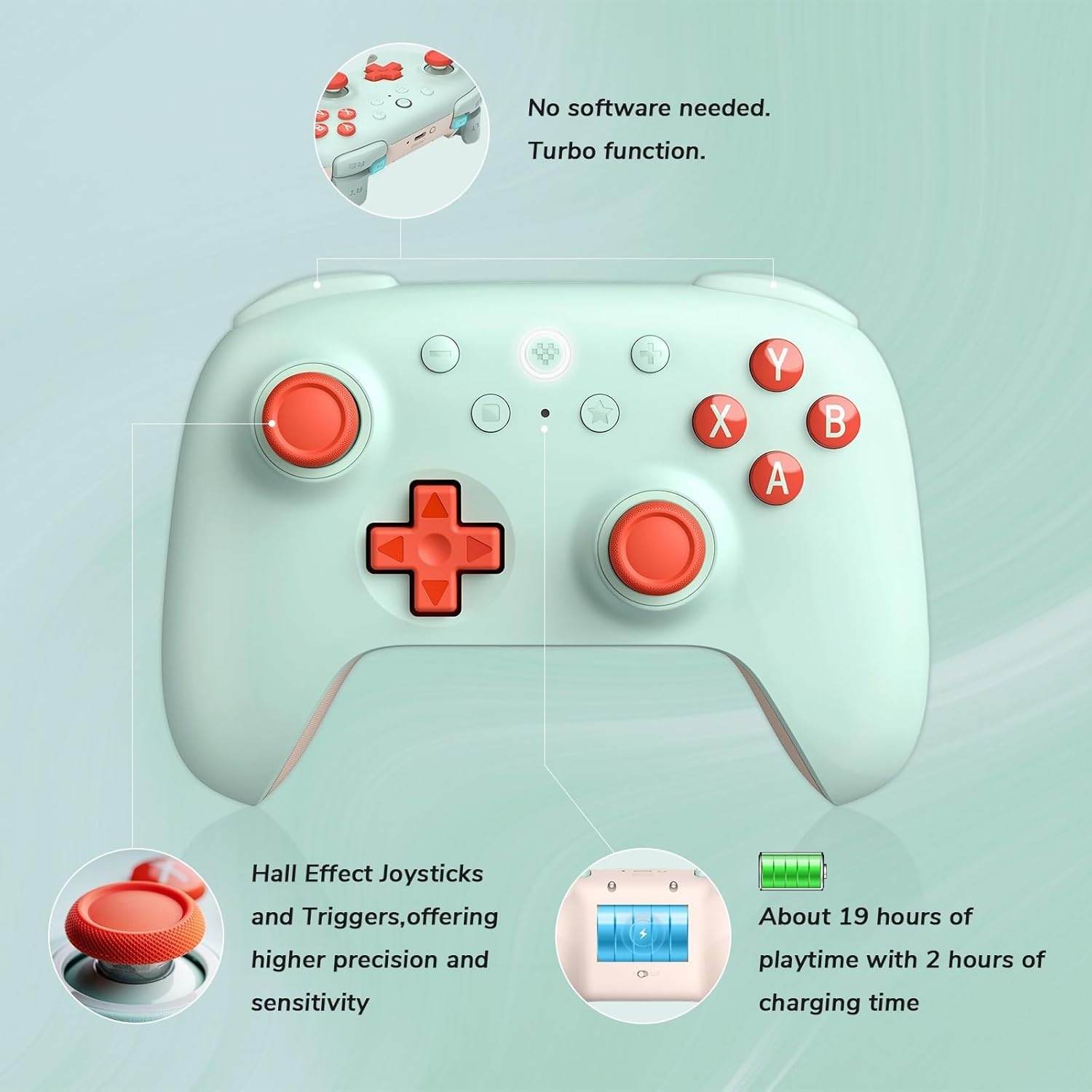 8Bitdo Ultimate 2C Draadloze Controller voor Windows PC en Android, 1000Hz Polling Rate, Hall Effect Joysticks en Hall Triggers, Herinstelbare L4/R4 Bumpers, Turbofunctie (Mint)