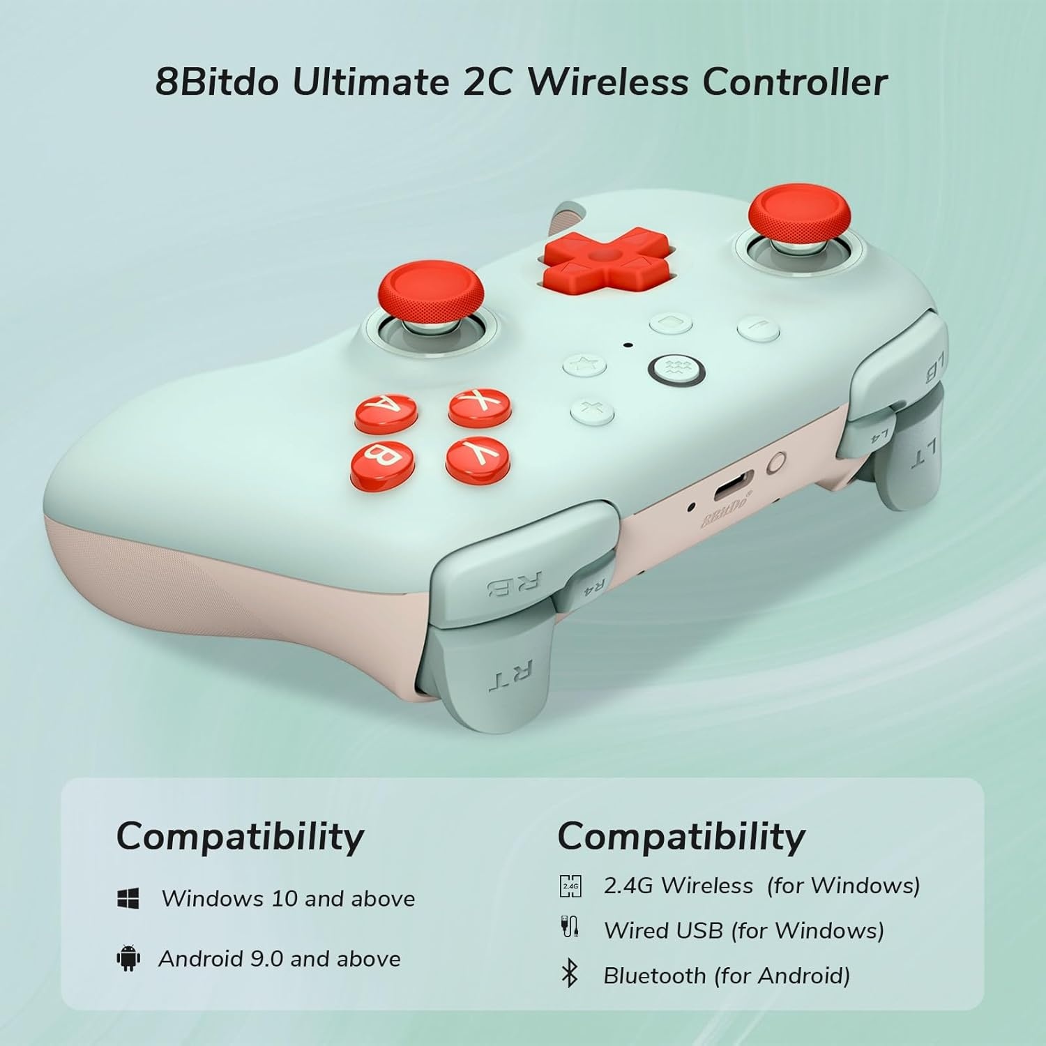 8Bitdo Ultimate 2C Draadloze Controller voor Windows PC en Android, 1000Hz Polling Rate, Hall Effect Joysticks en Hall Triggers, Herinstelbare L4/R4 Bumpers, Turbofunctie (Mint)
