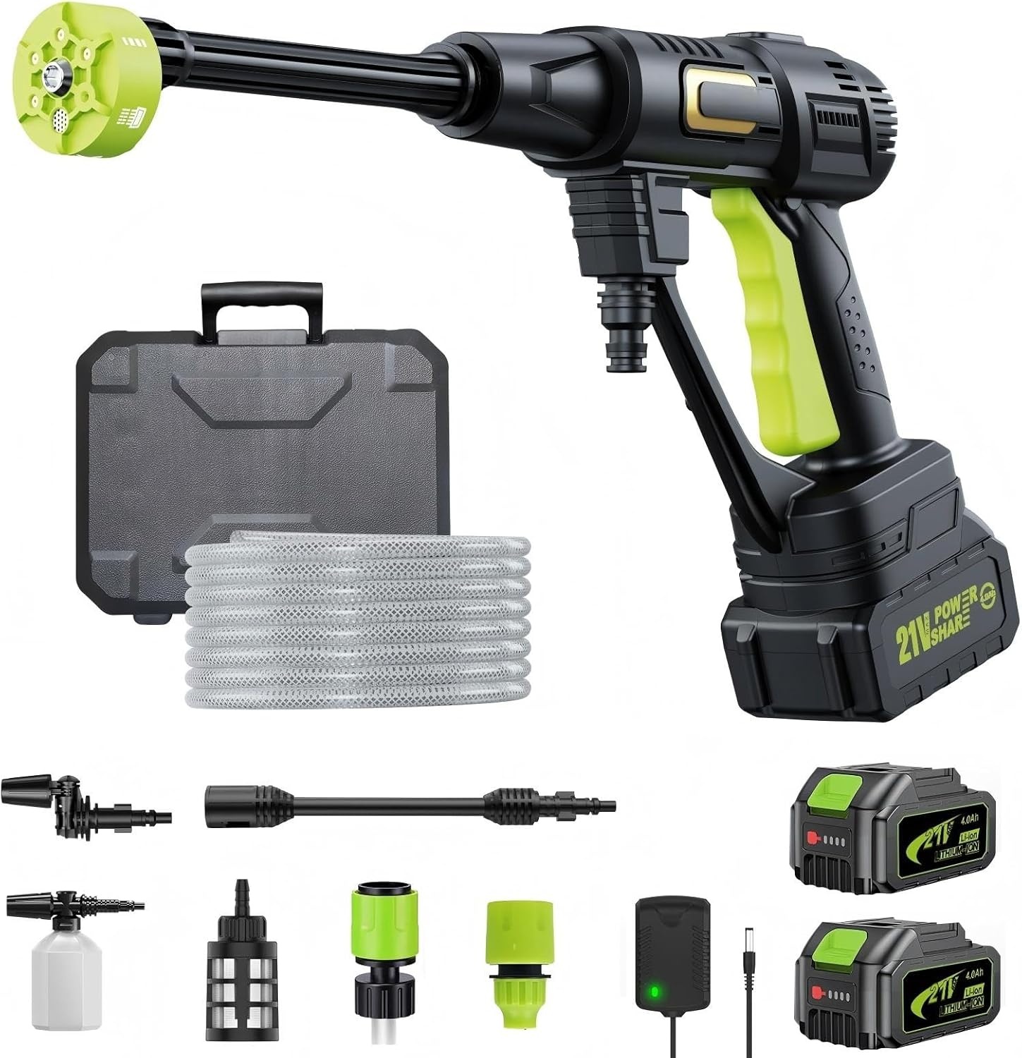 Accu-hogedrukreiniger 120 bar met borstelloze motor, 3 standen instelbaar, mobiele reiniger met 2 4,0 Ah en 6-in-1 mondstuk voor autowassen, tuinreiniging