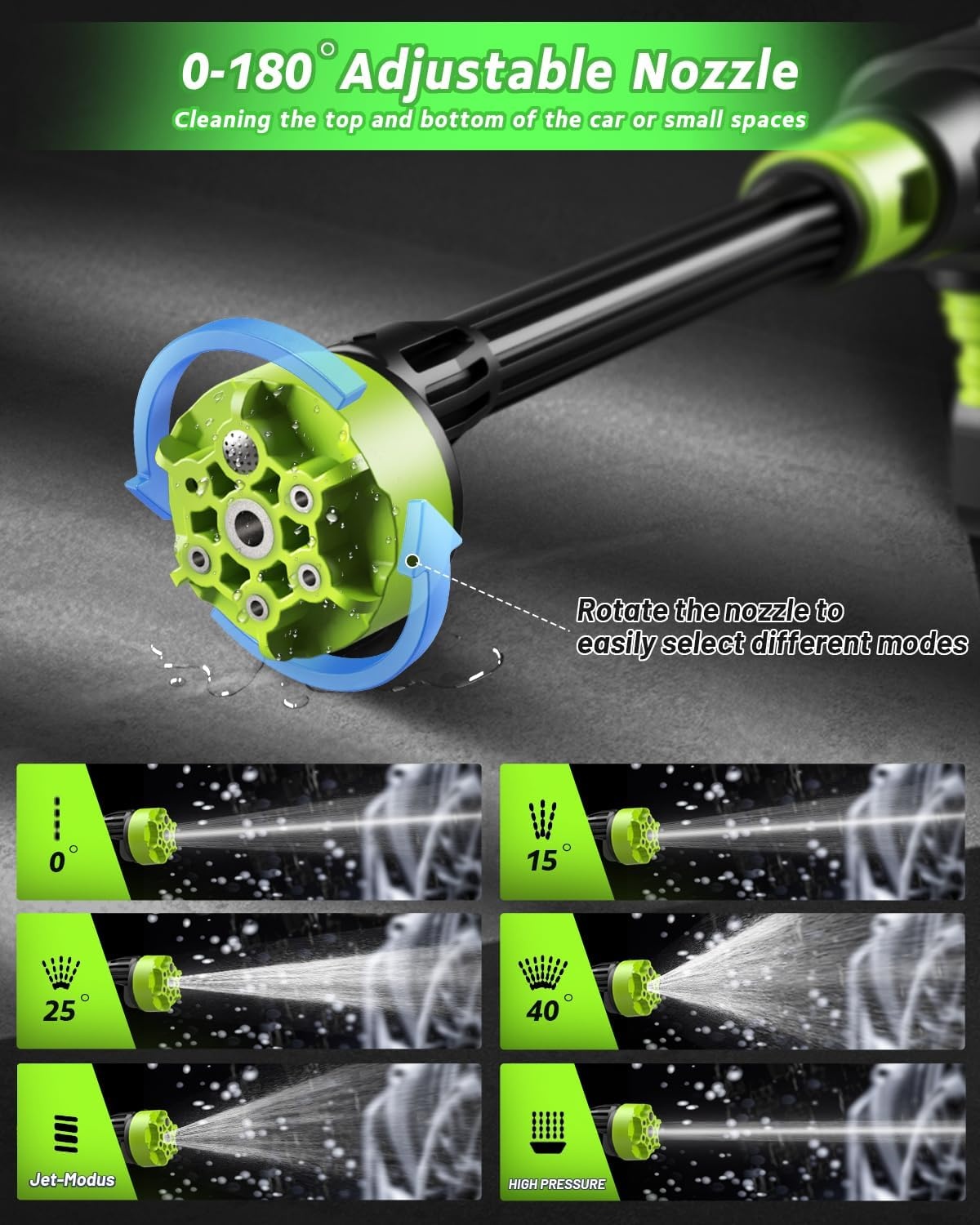 Accu-hogedrukreiniger 120 bar met borstelloze motor, 3 standen instelbaar, mobiele reiniger met 2 4,0 Ah en 6-in-1 mondstuk voor autowassen, tuinreiniging