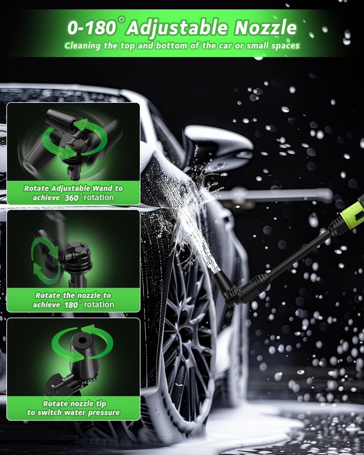 Accu-hogedrukreiniger 120 bar met borstelloze motor, 3 standen instelbaar, mobiele reiniger met 2 4,0 Ah en 6-in-1 mondstuk voor autowassen, tuinreiniging