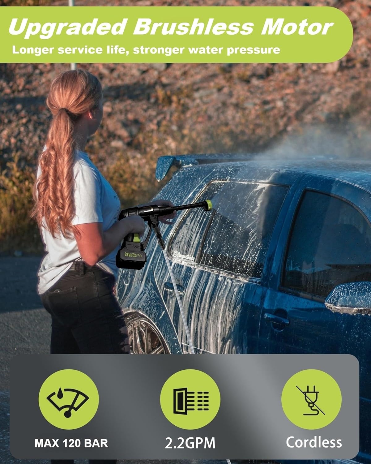 Accu-hogedrukreiniger 120 bar met borstelloze motor, 3 standen instelbaar, mobiele reiniger met 2 4,0 Ah en 6-in-1 mondstuk voor autowassen, tuinreiniging