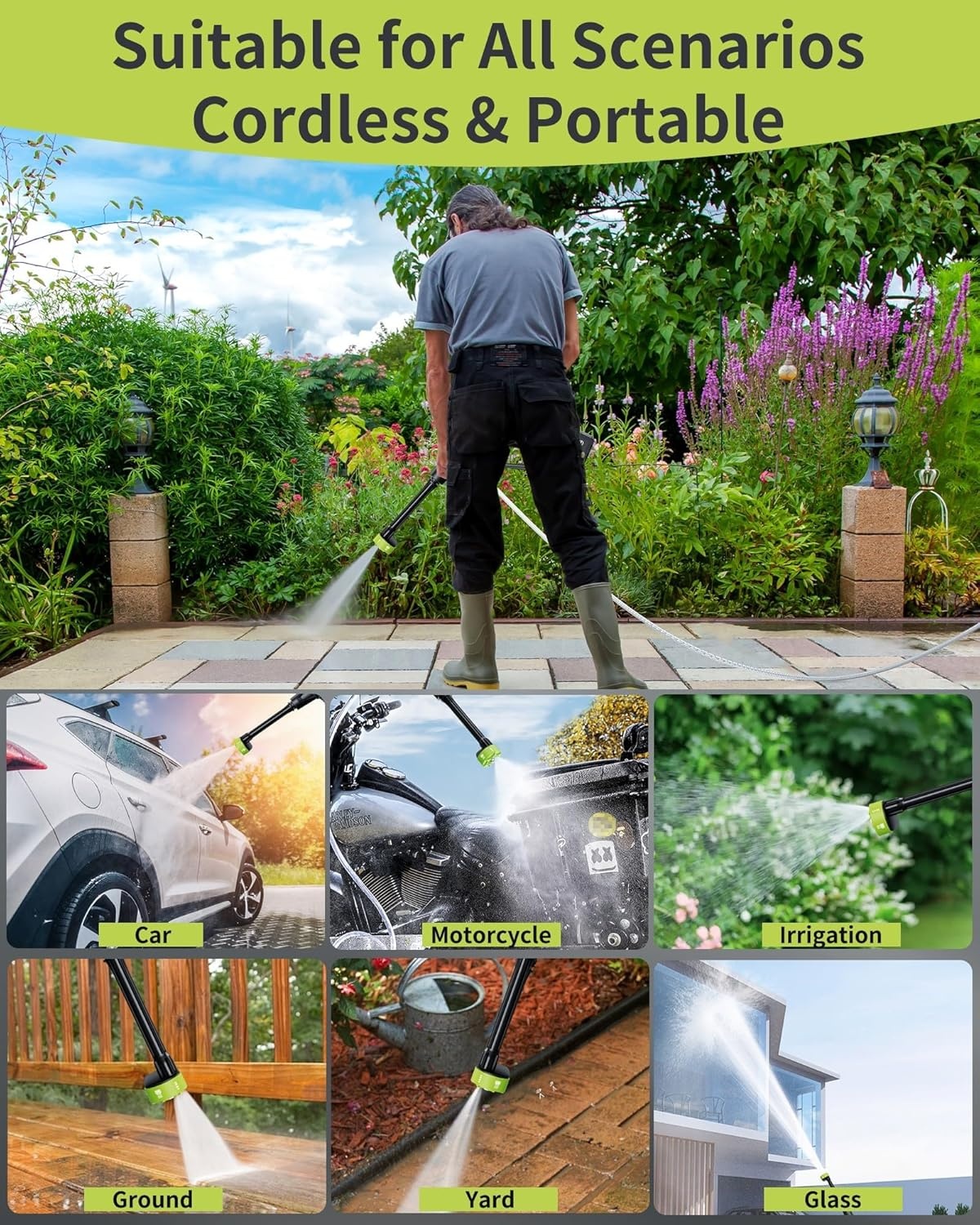 Accu-hogedrukreiniger 120 bar met borstelloze motor, 3 standen instelbaar, mobiele reiniger met 2 4,0 Ah en 6-in-1 mondstuk voor autowassen, tuinreiniging