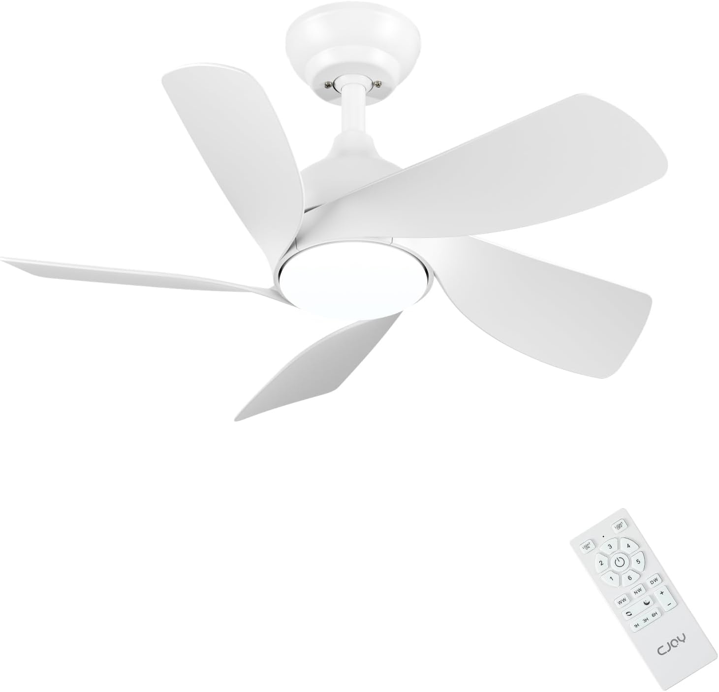 CJOY Ventilateur Plafond 76cm avec Lumières et Télécommande, Blanc Ventilateur de Plafond avec 5 Pales Réversibles, 3 Couleurs et Gradateur, 6 Vitesses, DC Réversible pour Chambre à Coucher, Salon