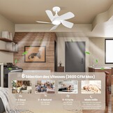 CJOY Ventilateur Plafond 76cm avec Lumières et Télécommande, Blanc Ventilateur de Plafond avec 5 Pales Réversibles, 3 Couleurs et Gradateur, 6 Vitesses, DC Réversible pour Chambre à Coucher, Salon