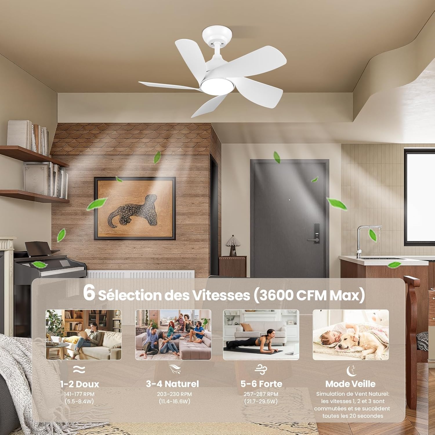 CJOY Ventilateur Plafond 76cm avec Lumières et Télécommande, Blanc Ventilateur de Plafond avec 5 Pales Réversibles, 3 Couleurs et Gradateur, 6 Vitesses, DC Réversible pour Chambre à Coucher, Salon