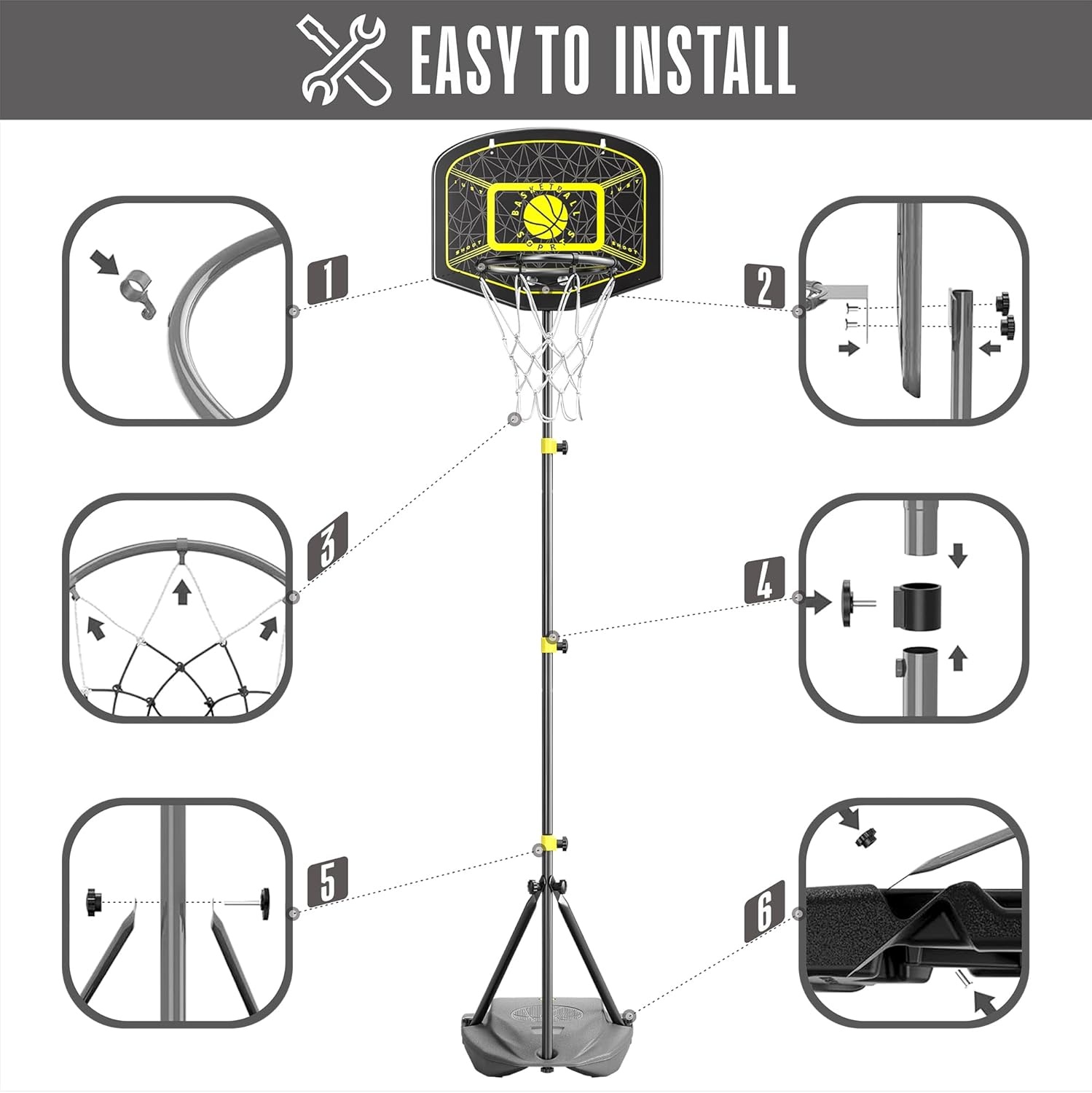 Basketbalkorf met standaard, 110-190 cm, in hoogte verstelbaar, outdoor- en indoorspeelgoed voor kinderen