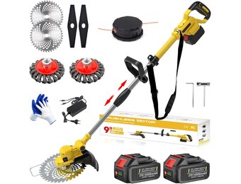 Lawn Trimmer with Battery and Weed Brush, Cordless Grass Trimmer with 5 Types of Blades, 21 V Brushless Brush Cutter Battery (2 x 4.0 Ah), Adjustable Handle, 90° Rotating Head for Garden Trimming