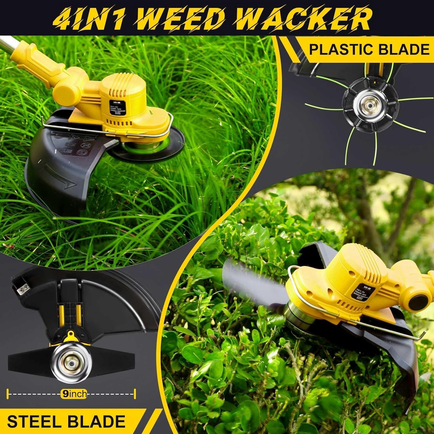 Lawn Trimmer with Battery and Weed Brush, Cordless Grass Trimmer with 5 Types of Blades, 21 V Brushless Brush Cutter Battery (2 x 4.0 Ah), Adjustable Handle, 90° Rotating Head for Garden Trimming