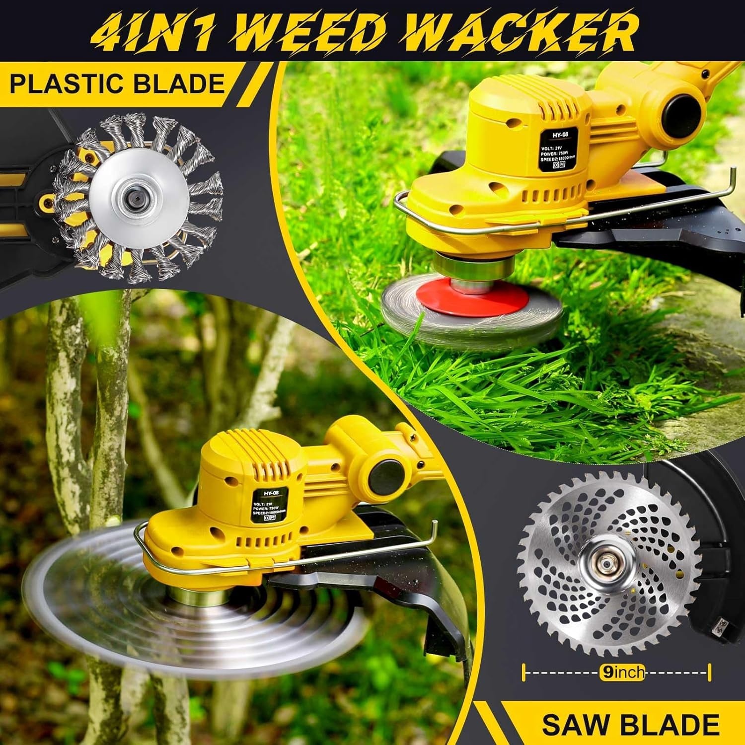 Lawn Trimmer with Battery and Weed Brush, Cordless Grass Trimmer with 5 Types of Blades, 21 V Brushless Brush Cutter Battery (2 x 4.0 Ah), Adjustable Handle, 90° Rotating Head for Garden Trimming